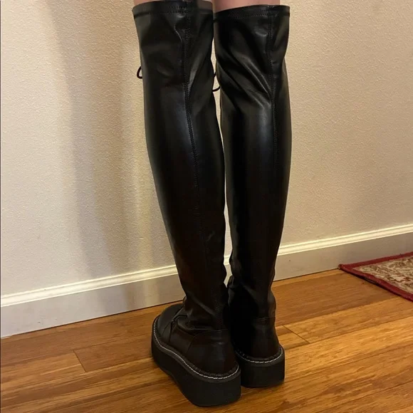 Demonia Black Over-the-Knee ‘Emily 375’Lace-Up Platform Boots Size 8 - Picture 4 of 8